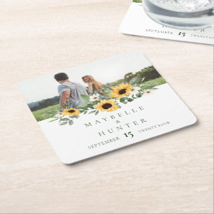 Gele Waterverf Zonnebloemen Foto Save Our Date Vierkante Kartonnen Onderzetter