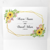 Gele waterverf zonnebloemen, typografie bruiloft drieluik uitnodiging (Binnenzijde eerst)