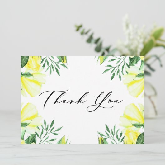 Gele waterverfrozen en pioenrozen bedankkaart (Staand voorkant)