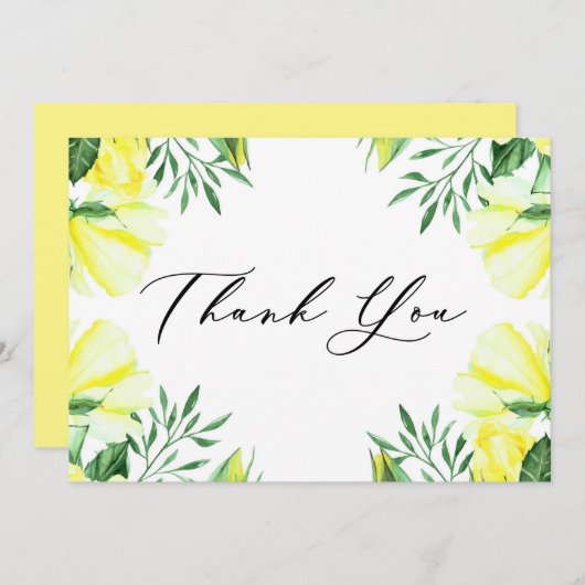 Gele waterverfrozen en pioenrozen bedankkaart (Voorkant / Achterkant)