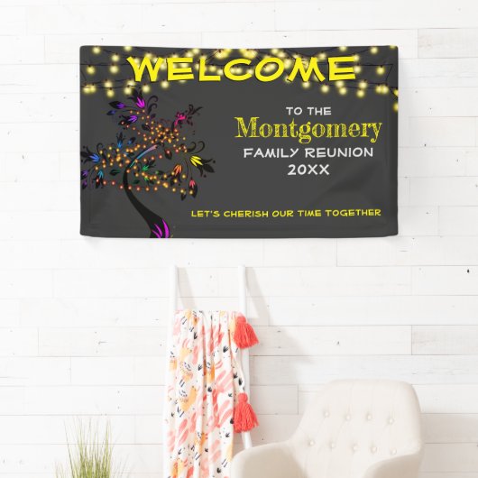 Gele welkomstfamilie reünie Tree Lights Banner (Insitu)