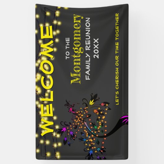 Gele welkomstfamilie reünie Tree Lights Banner (Verticaal)