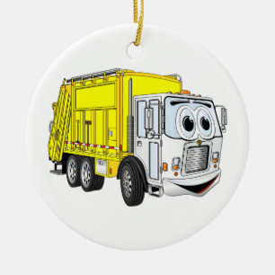 Gele White Garbage Truck Cartoon Keramisch Ornament