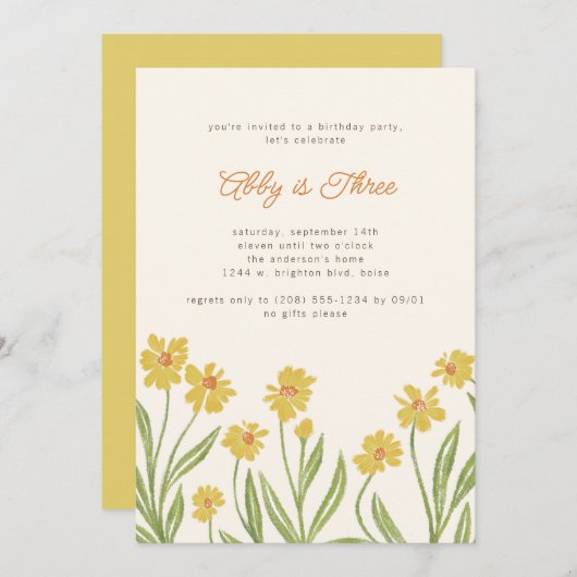 Gele Wildbloemen Uitnodiging voor verjaardagsfeest (Voorkant / Achterkant)