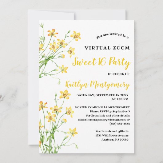 Gele Wildbloemen Virtual Sweet 16 Verjaardagsfeest Kaart (Voorkant)