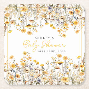 Gele Wilde Bloem Boho Waterverf Baby Shower Vierkante Kartonnen Onderzetter