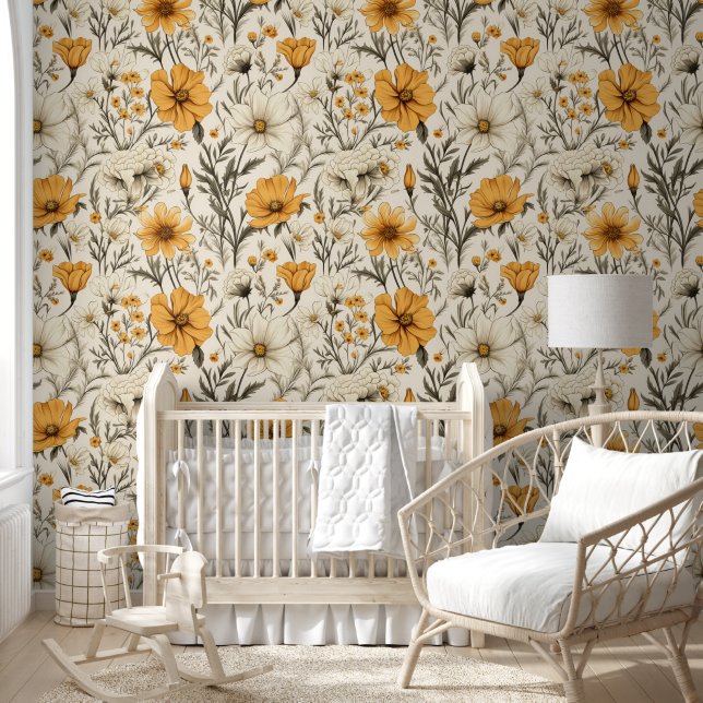 Gele Wilde Bloem Doodle Behang (Kinderen)