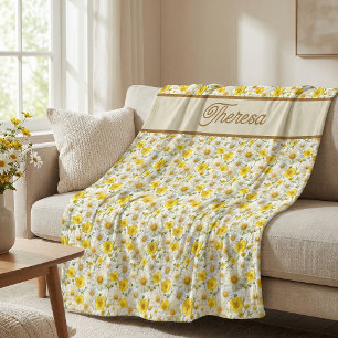 Gele Wilde Bloemen Patroon Monogram Naam Fleece Deken