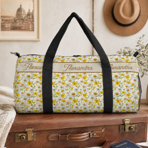 Gele Wilde Bloemen Patroon Monogram Naam Plunjezak