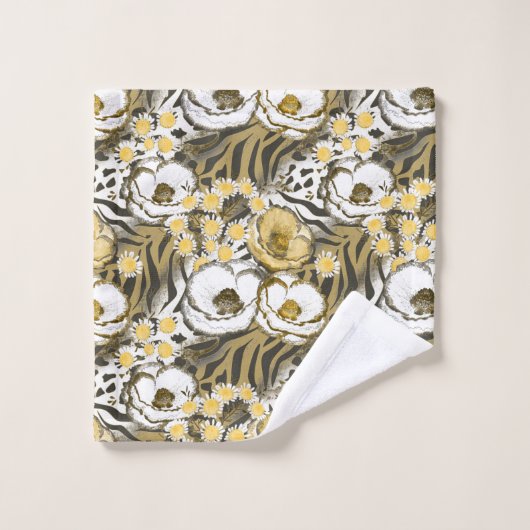 Gele, witte bloemen op tijgerachtergrond bad handdoek (Wasdoekje)