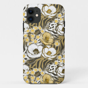 Gele, witte bloemen op tijgerachtergrond iPhone 11 hoesje