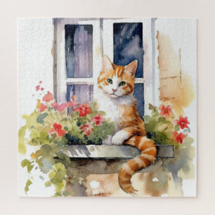 Gele Witte Kat Raam Bloembak Schildering Legpuzzel