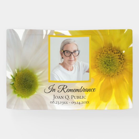 Gele witte madeliefjes viering van het leven begra spandoek (Horizontaal)