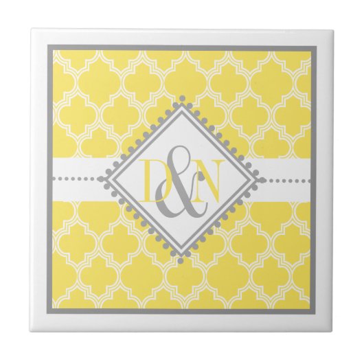 Gele witte quatrefolomonogram bruiloft tegeltje (Voorkant)