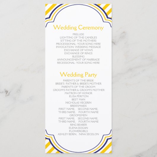 Gele witte strepen marine nautische bruiloft progr programma (Achterkant)