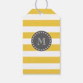 Gele witte strepen patroon, houtskool monogram cadeaulabel (Achterkant)