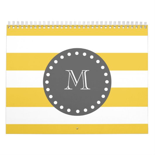 Gele witte strepen patroon, houtskool monogram kalender (Hoes)