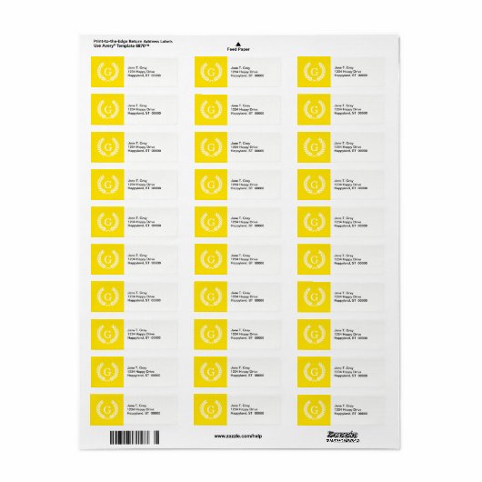Gele witte tarwe Laurel Wreated Initiaal Monogram Etiket (Full Sheet)