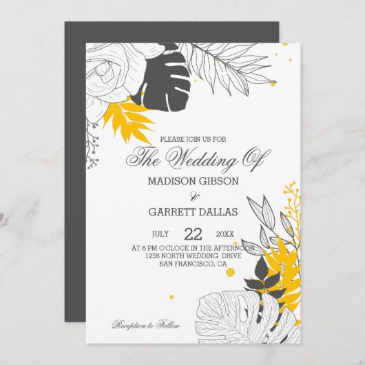 Gele & Witte Tropische bladeren Bruiloft Uitnodigi Kaart (Voorkant / Achterkant)