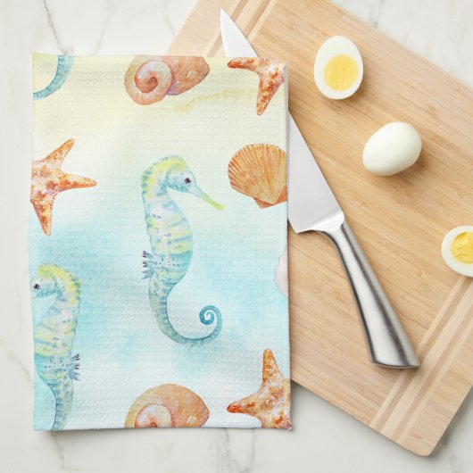 Gele zeebaars van Aqua Seahorse Starfish Shells Be Theedoek (Quarter Fold)