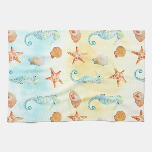 Gele zeebaars van Aqua Seahorse Starfish Shells Be Theedoek (Horizontaal)