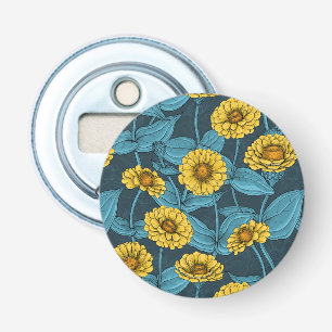 Gele Zinnias op donkerblauw Button Flesopener