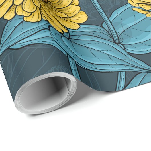 Gele Zinnias op donkerblauw Cadeaupapier (Rol Hoek)