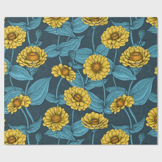 Gele Zinnias op donkerblauw Cadeaupapier (Vlak)