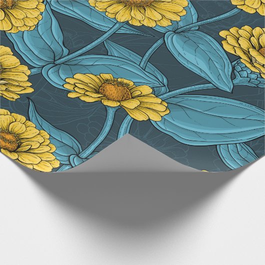 Gele Zinnias op donkerblauw Cadeaupapier (Hoek)