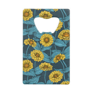 Gele Zinnias op donkerblauw Kredietkaart Flessenopener