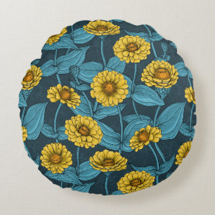 Gele Zinnias op donkerblauw Rond Kussen