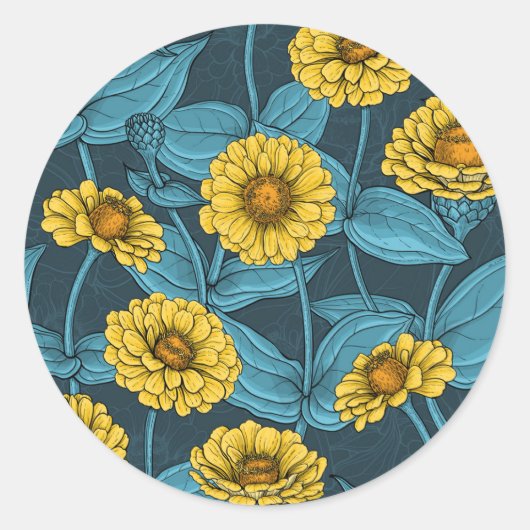 Gele Zinnias op donkerblauw Ronde Sticker (Voorkant)