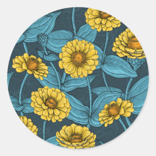 Gele Zinnias op donkerblauw Ronde Sticker