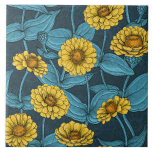 Gele Zinnias op donkerblauw Tegeltje