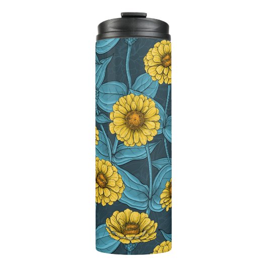 Gele Zinnias op donkerblauw Thermosbeker (Voorkant)