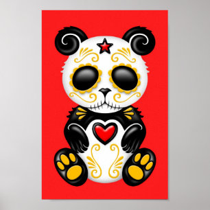 Gele Zombie Sugar Panda op rood Poster