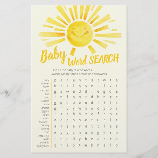 Gele zon baby shower woordzoeker baby match spel flyer (Voorkant)