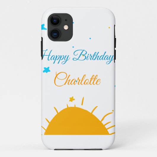 Gele zon blauwe sterren happy birthday naamtekst t Case-Mate iPhone case (Achterkant)