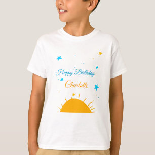 Gele zon blauwe sterren happy birthday naamtekst t t-shirt