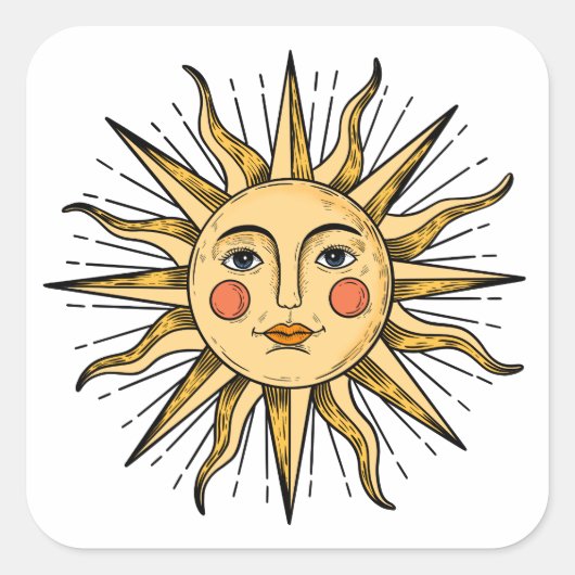 Gele zon met een gezicht vierkante sticker (Voorkant)
