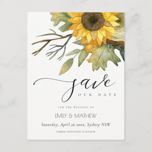 GELE ZONNEBLOEM AQUAREL FLORAL SAVE THE DATE AANKONDIGINGSKAART (Voorkant)