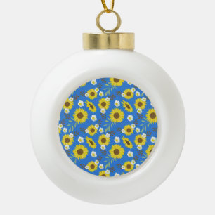 Gele Zonnebloem Blauwe Achtergrond Bloem Bloemstuk Keramische Bal Ornament