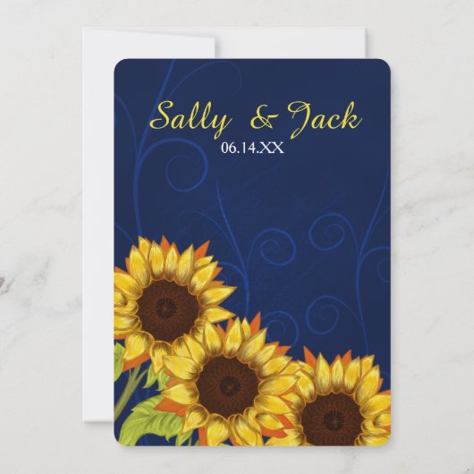 Gele zonnebloem/blauwe achtergrond bruiloft kaart (Achterkant)