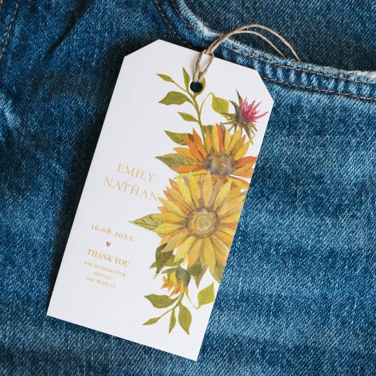 gele zonnebloem elegante bloemenbruiloft cadeaulabel