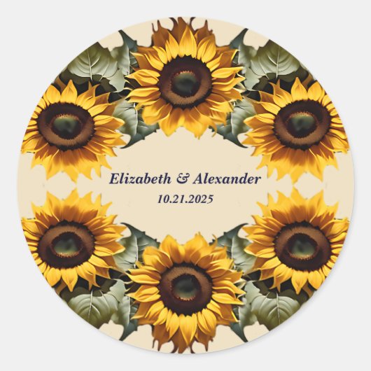 gele zonnebloem elegante bruiloft ronde sticker (Voorkant)