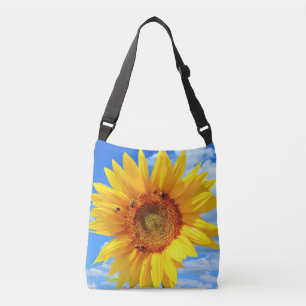Gele zonnebloem en bijen op de blauwe hemel - zome crossbody tas
