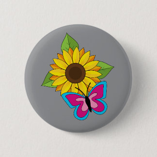 Gele Zonnebloem en Blauwe Roze Vlinder Ronde Button 5,7 Cm