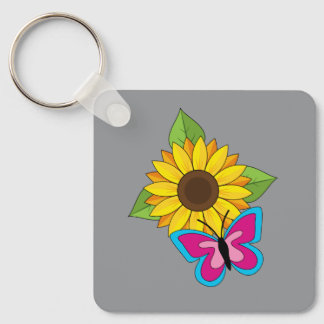Gele Zonnebloem en Blauwe Roze Vlinder Sleutelhanger