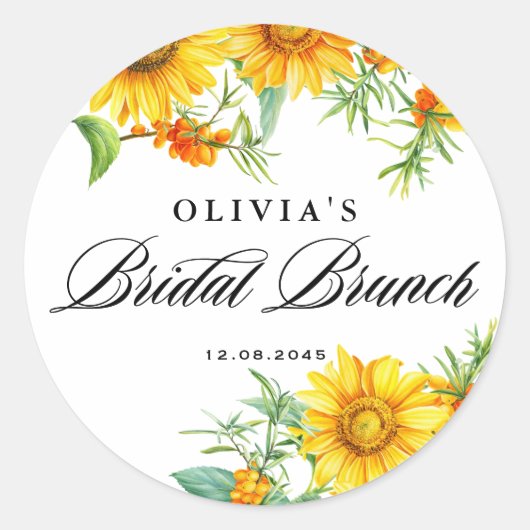 Gele Zonnebloem en Seabuckthorn Bruids Brunch Ronde Sticker (Voorkant)