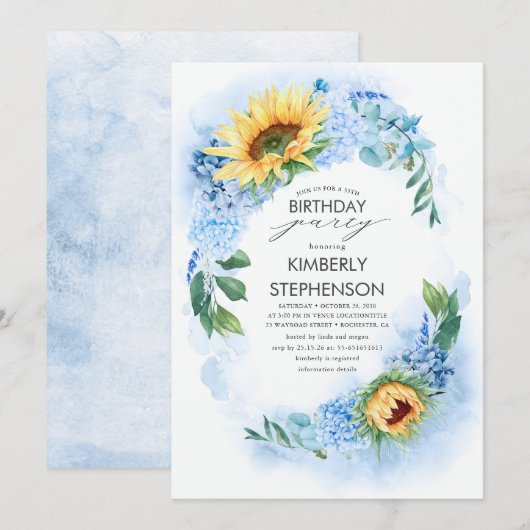 Gele Zonnebloem en Stoffige Blauwe Hydrangea Verja Kaart (Voorkant / Achterkant)